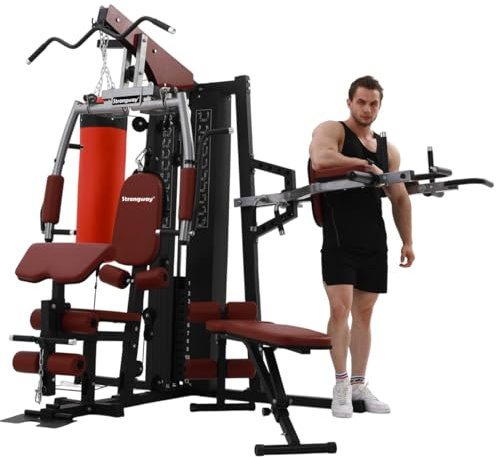 Strongway® Multi Gym with Weights 72KG Weight Stack - Multifunction Home Gym Cable Pulley Preacher Butterfly Chest Press Punch Bag Weight Bench Dip Station Pull Up Bar Leg Workout Strength Training