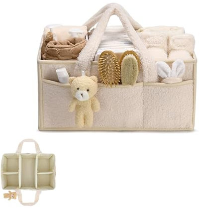Wickeltasche Organizer, Wickeltisch Organizer, Tragbarer Wickelkorb mit Herausnehmbaren Fächern, Plüsch Wickelorganizer mit Griffen, Baby Aufbewahrungskorb für Wickel und Babysachen (Cremefarben)