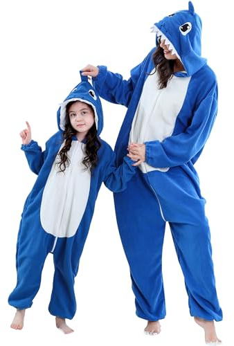 COOKY.D Pigiama Costume Intero Bimbo con Cappuccio a Tema Unisex Pigiama Familiare per Halloween e Gaming,Squalo 9-10 Anni