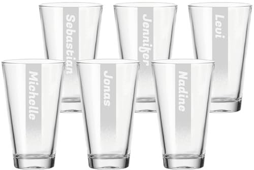 LUXENTU Trinkglas mit Gravur, 300 ml, Universalgläser mit personalisierter Namensgravur für Kinder & Erwachsene, Spülmaschinengeeignet, Name mit Hintergrundschatten, 6 Stück