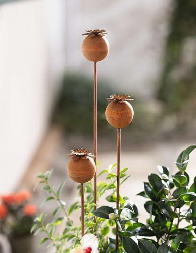 Dekoleidenschaft 3X Gartenstecker Mohn aus Metall mit Rost Finish, 60 + 80 + 100 cm hoch, rostige Outdoor Metalldeko, Gartendeko für Draußen