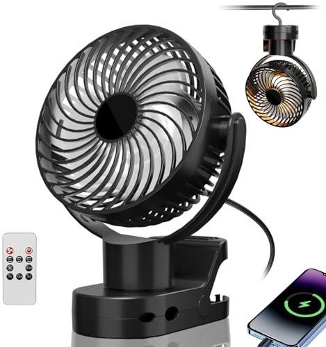 Gemmac Ventilador Silencioso con Luz LED, 8000mAh USB Recargable Power Bank 4 Velocidades Ventilador Portatil con Pinza, Gancho, 720° Rotation Ventiladores para Carrito Bebe/Oficina/Hogar/Camping