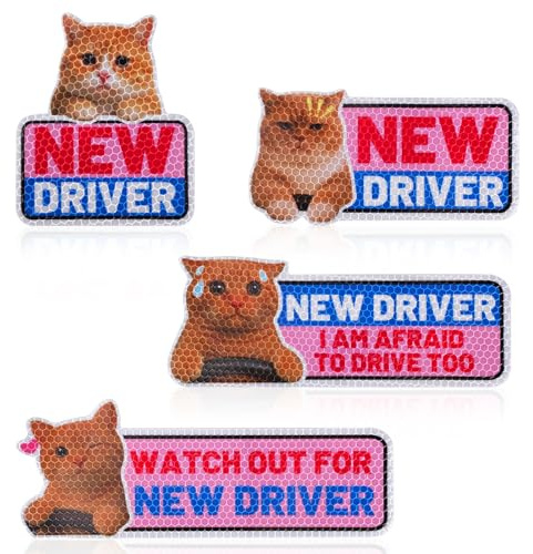 4stk Lustige Katze New Driver Auto Magnete, Süße Nervöse Katze Reflektierende Schülerfahrer Schilder Sicherheitswarnung Magnetische Stoßstangenaufkleber Autoaufkleber für Anfänger Geschenke