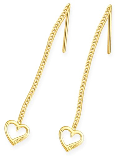 CLEVER SCHMUCK Goldene Damen Ohrringe als Ohrdurchzieher 53 mm mit Herz am Panzerkettchen 925 Sterling Silber gold-plattiert im Schmucketui creme