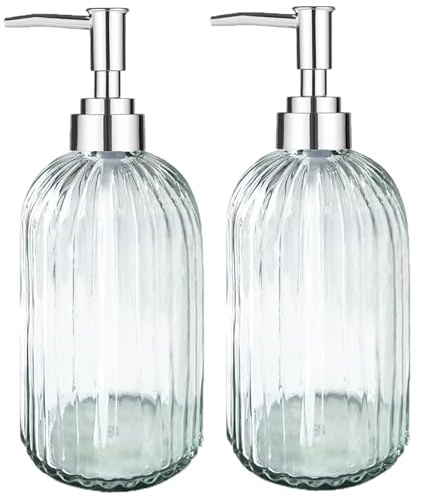 VAKOWOO 2 PCS Glass Soap Dispenser with Pump, Hand Soap Dispenser 400ML | Refillable Washing Up Liquid Dispensers, Hand Wash Dispensers, Transparent Pump Bottle, for Bathroom Kitchen Laundry Room