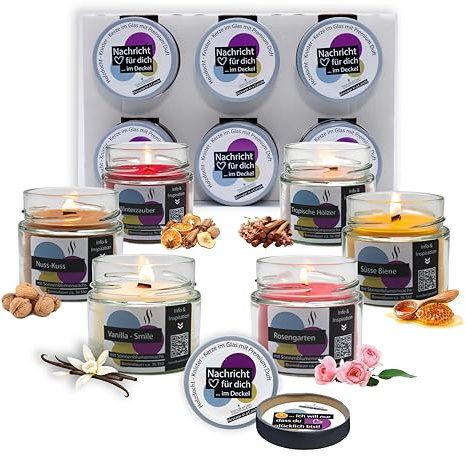 Duftkerzen Zum Verschenken: 6er Duftkerzenset mit Botschaften zum Einkleben. Mit Holzdocht und Sonnenblumenwachs inkl. 18 Sticker mit netten Nachrichten! Brenndauer ca. 6x36 Std