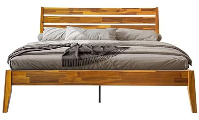 Full Size Platform Bed Frame with Solid Wood Headboard & Footboard, 12 Durable Slatted Base with Center Metal Legs, No Box Spring Needed, Anti-Noise & Slip-Free, Acacia Honey Finish. RKF-38