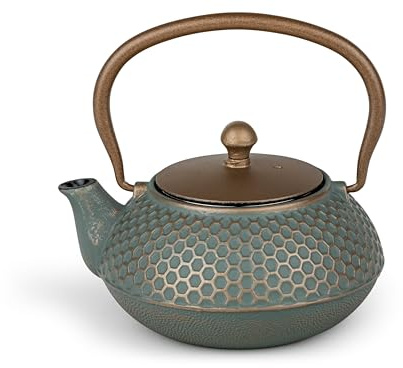 Bredemeijer kleine Asia Gusseisen Teekanne 0,7 Liter - gusseiserne Kanne in warmen Blau-Gold-Ton mit Edelstahl-Teefilter - für alle Teesorten geeignet