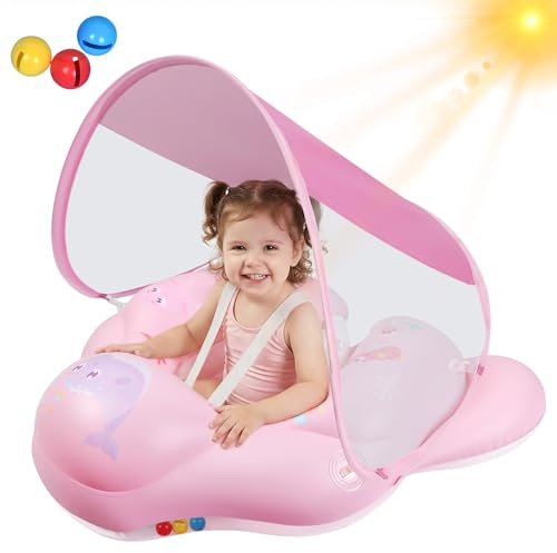 Oziral Bouée Bébé avec Pare-Soleil Amovibles UPF50+, avec Clochette, Bouee Bebe Convient aux Enfants de 6 Mois à 3 Ans. Piscine Gonflable Bébé,Rose Érable