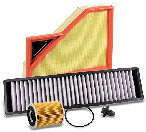 BESTPRICE Inspektionspaket Filterset mit 1x Ölfilter; 1x Luftfilter; 1x Innenraumfilter (Pollenfilter) mit Aktivkohle; 1x Ölablassschraube inkl. Dichtring