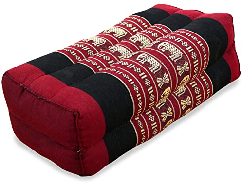 livasia Block Yogakissen eckig - 17x34x12cm - Meditationskissen mit Kapok, Stützkissen Bolster rechteckig, Yoga Pilates Zubehör Nackenkissen, Thaikissen fest handgefertigt (Rot/Elefanten)