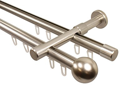 iso-design Gardinenstange Innenlauf 2-läufig 20 mm Durchmesser Farbe Edelstahl Wandmontage Gardinenstangenkomplettset aus Metall, Innenlaufstange, Endstück Kugel, 140 cm