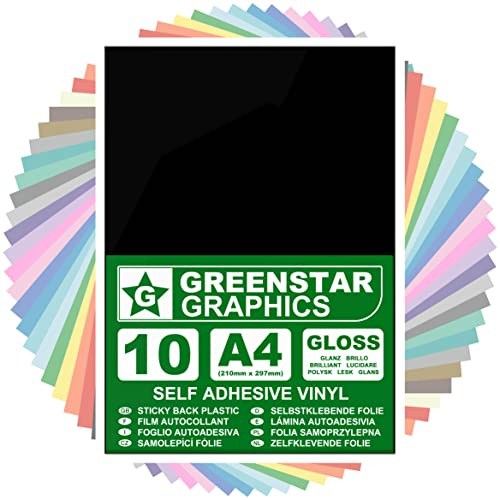 GREENSTAR GRAPHICS GLOSSY A4 STICKY BACK PLASTIC SELF ADHESIVE ART & CRAFT VINYL (10 SHEET PACK). Compatible With 12” Cricut, Silhouette Cameo/Curio/Portrait, Scan N Cut (BLACK GLOSS 10 A4)