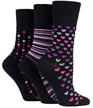 Gentle Grip SOCKSHOP Ladies Soft Top Patterned and Striped Soft Breathable Bamboo Socks in a Multipack of 3 Black/Berry 4-8