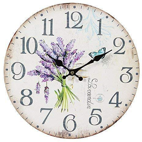 linoows G1107: Lavendel Wanduhr im Landhausstil, Romantische Uhr mit Lavendelstrauß