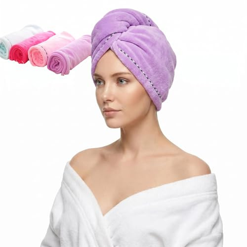 Mikrofaser Handtuch Haare 4 Stück, Super Saugfähiger Haarturban Turban Handtuch Mit Knopf, Kopftuch Handtuch für Lange Haar, Schnelltrocknend Mikrofaser Haarhandtuch (Blau, Rosa, Lila, Rot)