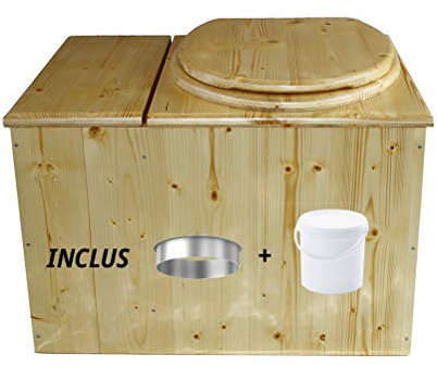 Toilette sèche huilé avec bac à copeaux de bois intégré, Livré monté avec seau plastique alimentaire 20L et bavette de protection inox - Fabrication artisanale Française - N2