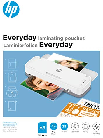 HP Everyday Laminierfolien, DIN A3, 80 Micron, glänzend, transparent, zum Heißlaminieren, 25 Stück, 9152