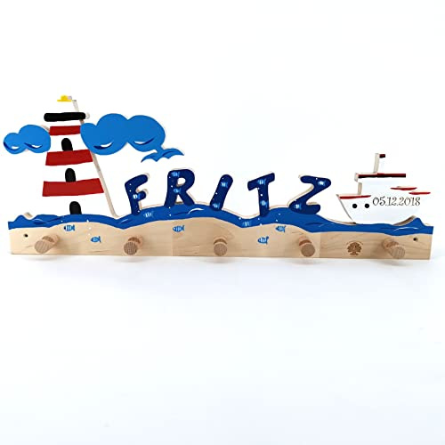 Kindergarderobe - Kleiderhaken Kinder - Holz mit Name (Leuchtturm & Dampfer)