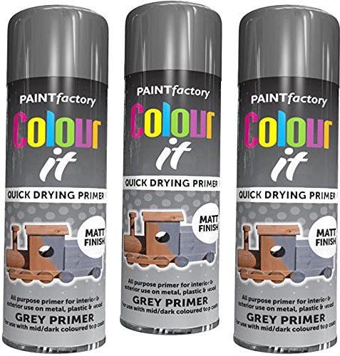 RTS All Purpose Grey Primer Spray Paint Aerosol Matt Finish Quick Drying Effect Fast Dryer Primers DIY Interior Exterior Home Garage Metal Plastic Car Wood Multipurpose Indoor Outdoor 250ML (3)