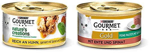 PURINA GOURMET Nature's Creation Katzennassfutter in Gelee naturbelassen, Huhn, 12er Pack (12 x 85g) & Gold Feine Pastete mit Gemüse Katzenfutter nass, mit Ente und Spinat, 12er Pack (12 x 85g)