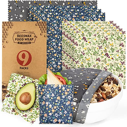 Wiederverwendbare Lebensmittelverpackungen mit Bienenwachs, sortiert, 9 Packungen – Umweltfreundliche, wiederverwendbare Verpackungen, biologisch abbaubar, kein Abfall, 3M, 1L mit Flora-Muster