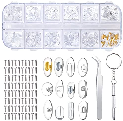 Plaquettes de Nez de Lunettes Kit de Réparation de Lunettes avec 80 Vis Pincette Petit Tournevis pour Lunettes à Visser Lunettes à Enfoncer 12 Styles 60 Paires