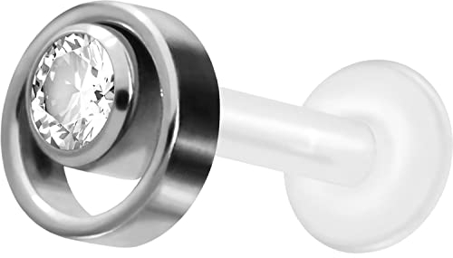PIERCINGLINE PTFE Labret mit Innengewinde Titan Aufsatz RING mit KRISTALL Piercing Lippe Nase Ohr Helix Tragus Medusa Farb & Größenauswahl