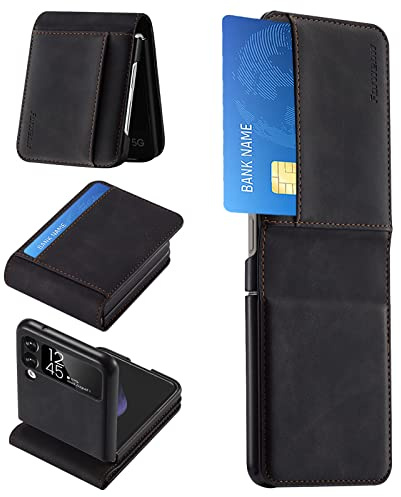 Coque pour Samsung Galaxy Z Flip 4 Housse en Premium Cuir,Magnétique Flip Béquille Portefeuille Emplacement Carte Fermoir Cover Samsung Z Flip 4 Etui, Antichoc TPU Coque Galaxy Z Flip 4 5G (Noir)
