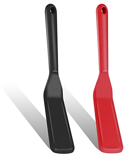 BLMHTWO Lot de 2 spatules pour la cuisine, spatule en silicone avec trou de crochet, résistante à la chaleur, anti-adhésive, pour la cuisson des hamburgers, pizza, steak (noir et rouge)