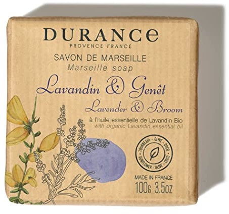 Durance Solid Marseille Soap With Organic Lavender Essential Oil 100g – Enriched With Olive Oil & Red Rice Extract – Paraben-Free Solid Soap For All Skin Types