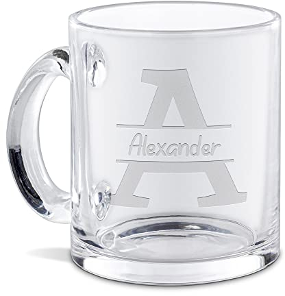 PR Print Royal Personalisierte Glastasse graviert mit Ihrem Anfangsbuchstaben A und Namen - Namenstasse graviert, Geschenkidee, Geburtstagsgeschenk | Lasergravur, Runde Schrift, 300ml