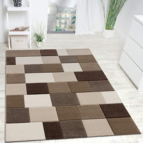 Paco Home Designer Teppich Modern Handgearbeiteter Konturenschnitt Kariert Braun Beige, Grösse:60x110 cm
