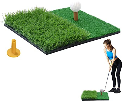 Golf Übungsmatte, 30 x 30cm Golf Matte, Abschlagmatte Golf im Innen und Außenbereich, Tragbar Abschlagmatte inkl für das Chipping Putting Training (Langes und kurzes Gras)