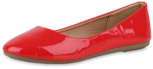 VAN HILL Damen Klassische Ballerinas Flache Freizeit Schuhe Elegante Slip Ons Lack Slippers Leder-Optik Schlupfschuhe 211180 Rot Lack 38