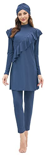 IMEKIS Damen 3tlg Modest Bademode Muslimischen Badeanzug Islamischen Burkini Schwimmanzug Langarm Tankini mit Hijab voller Abdeckung Rashguard Sets Badebekleidung Blauer See 3XL