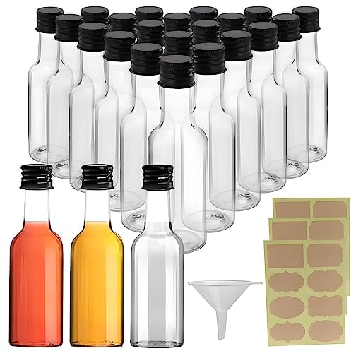 wordmouk 24 Pack Mini Liquor Bottles 50ml/1.7oz Miniature Alcohol Bottles Reusable Plastic Mini Shot Bottles with Screw Cap Label Stickers and Funnel for Parties Weddings Travel