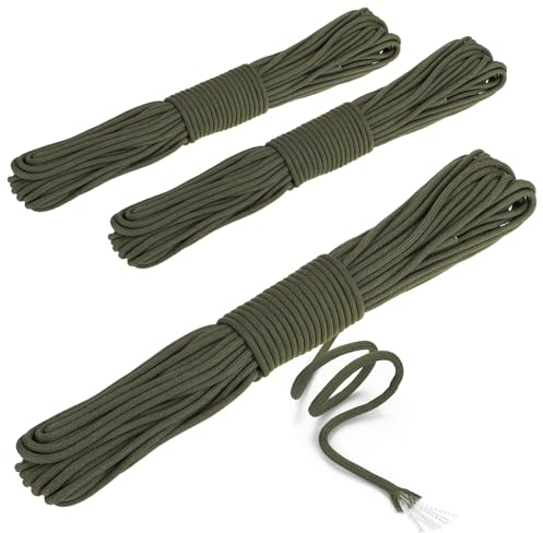COM-FOUR® 3X Paracord Schnur Ø 4 mm, 75 m - Seil mit 7 Kern Strängen für Boot, Camping, Outdoor - Nylonseil mit 250 Kg Tragkraft - Zeltseil, Abspannseil, Allzweckseil (Oliv-grün)