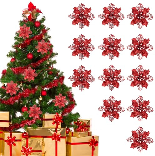 FINDIR 12 Stück Weihnachtsblumen Künstlich Christbaumschmuck Glitter Poinsettia Kunstblumen Weihnachten Rot Weihnachten Blumen Deko für Weihnachtsbaum Weihnachtskranz