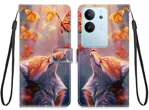 KARTXITAI Hülle Kompatibel mit VIVO V29 5G,Leder Handyhülle mit Kartenfach Geld Slot Ständer PU Ledertasche Wallet Flip Magnetische Muster Schutzhülle-Fuchs,Schmetterling