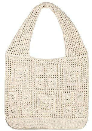 WisePoint Tragetasche für Frauen, Große Einkaufsbeutel Damen Häkeltasche mit Breitem Griff, Ästhetische Strandtasche für Reisen, Arbeit, Strand (beige)