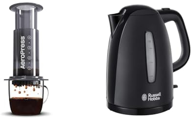 Aeropress Coffee and Espresso Maker - Quickly Makes Delicious Coffee Without Bitterness - 1 to 3 Cups Per Pressing,Black & Russell Hobbs Textures Plastic Kettle 21271, 1.7 L, 3000 W - Black