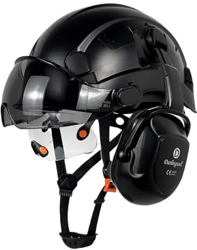 HaoYiShang Industrial Safety Helmet with Visor Ear defenders Muffs Black Hard Hat Vented OSHA Approved Hardhats hard hats construction Work Head Protection Certified Black Helmets Double goggles UK