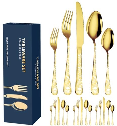 XIAOYU 20-Piece Bizarre Flatware Set, Gothic Skull Silverware Set for 4, Skeleton Flower Unique Pattern Design, Knives/Forks/Spoons Cutlery Set Halloween Event Tableware Utensils, Gold