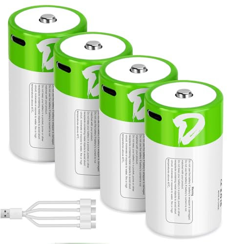 letoom 4 Pack D Rechargeable Batteries with 4 in 1 USB C Charging Cable, D Size Lithium Batteries, 7500mAh 1.5V for Flashlights, Toys and Floodlights
