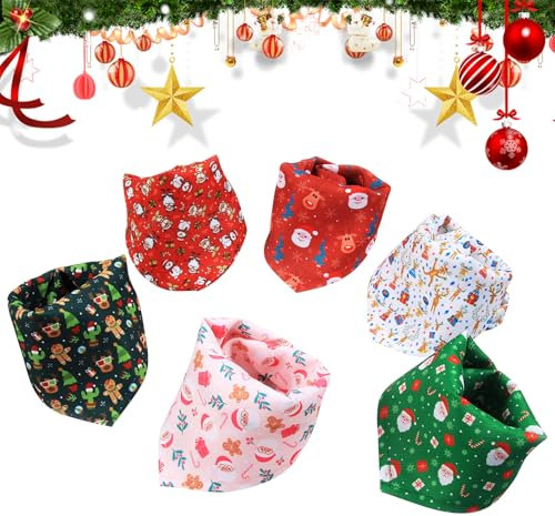 Satiskid 6Pcs Weihnachts-Hundeschal Verstellbarer Hundehalstuch Lebkuchen Weihnachtsmann Waschbar Atmungsaktiv Halstuch Kleine Mittelgroße und Große Hunde Katzen (Lebkuchen- und Weihnachtsmannmuster)
