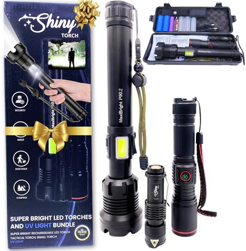 Shiny Torch MaxiBright P90.2: Super Bright LED Torch Rechargeable Flashlight Bundle - Includes UV Light, Tactical small Flashlight for Camping, Powerful Rechargeable Torches, Led Torch Super Bright.