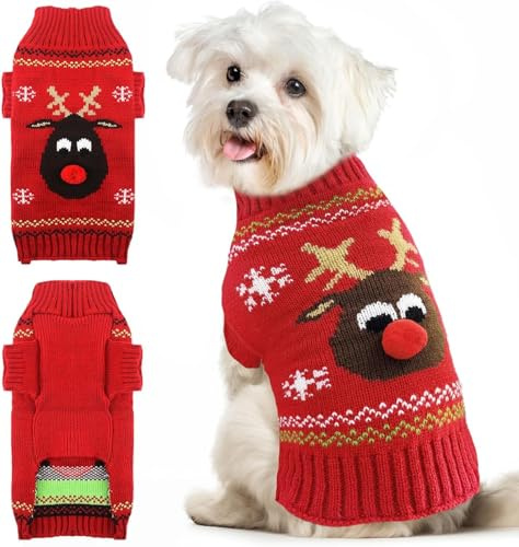 VFY Hundepullover Weihnachten, Rentier Strickpullover für Hunde, Rot M | Welpen Elch Christmas Sweater, Pompon-Nase, Rollkragen Ärmellos, Winter Warme weihnachtspulli für Kleine Mittlere Große Hunde