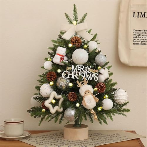 Mini Weihnachtsbaum mit LED Lichterketten für Weihnachtsdeko Kleiner Weihnachtsbaum mit Beleuchtung Tisch Künstlicher Weihnachtsbaum Tannenbaum Künstlich Klein Geschmückt (Weiß, 45cm)