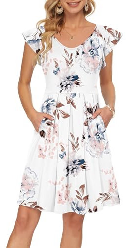 PLOKNRD Sommerkleid Damen V-Ausschnitt Midi Kleider mit Taschen Knielang Blütenblättern Kurzarm Freizeit Strandkleider Weiße Blume Alle XXL